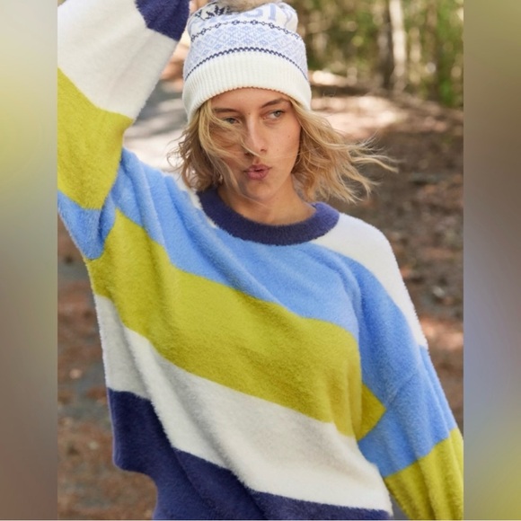 aerie Sweaters - Aerie Flurry Rugby Stripes Fuzzy Oversized Crew Neck Sweater Blue Green‎ Medium